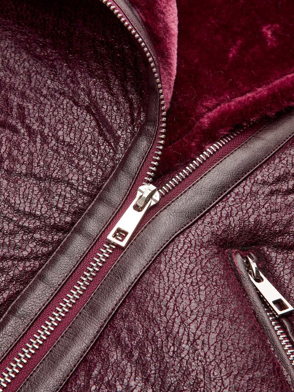 Commense Women’s Burgundy/Brown Vegan Shearling/Leather Moto Jacket - Picture 5 of 16